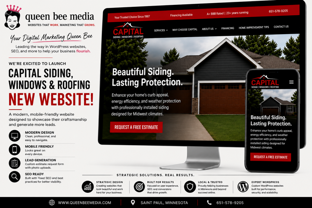 WordPress website redesign for Capital Siding, Windows & Roofing designed and developed by Queen Bee Media in Saint Paul, Minnesota