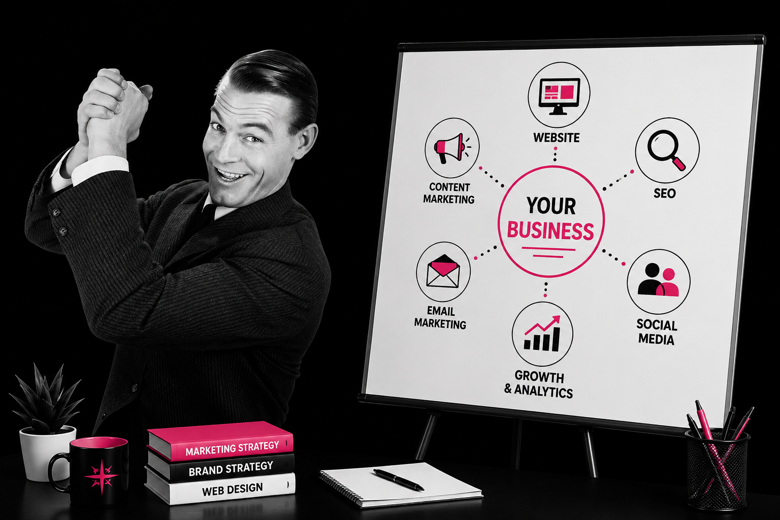 Create More Buzz Around Your Business Retro businessman presenting a digital marketing strategy featuring website design, SEO, email marketing, social media marketing, and business growth services by Queen Bee Media.