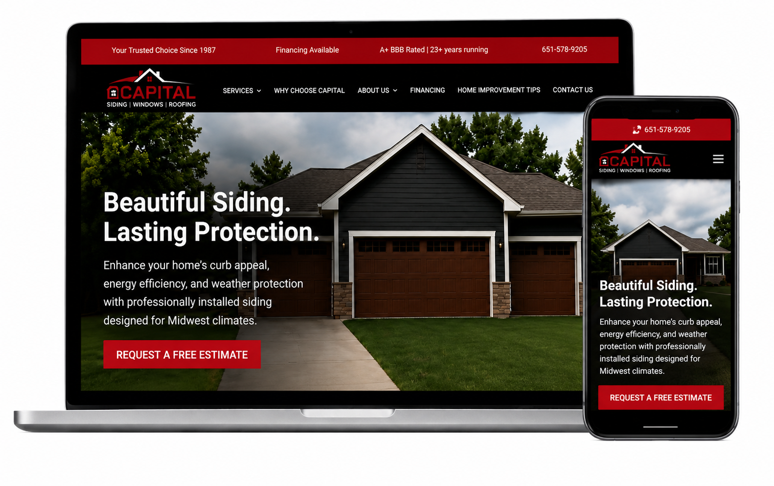 Capital Siding, Windows & Roofing Website Design by Queen Bee Media Desktop and mobile mockup of the Capital Siding, Windows & Roofing website designed and developed by Queen Bee Media, featuring a responsive WordPress website with lead generation and local SEO optimization.