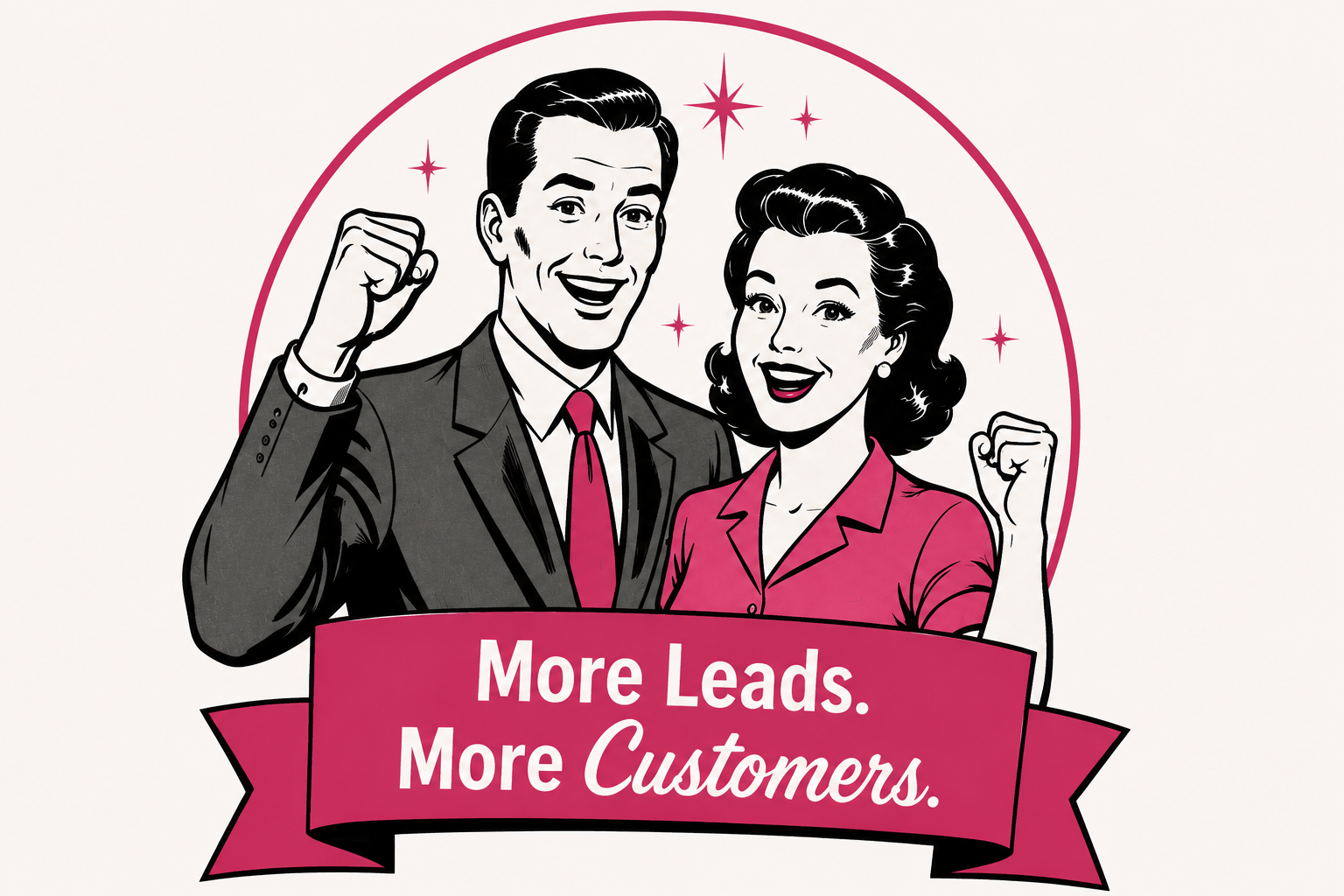 Retro-style illustration of happy customers celebrating increased leads, more customers, and business growth.