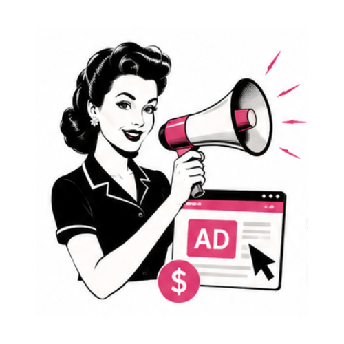 Retro illustration representing digital advertising services by Queen Bee Media, helping businesses generate leads through targeted Google Ads and social media advertising campaigns.