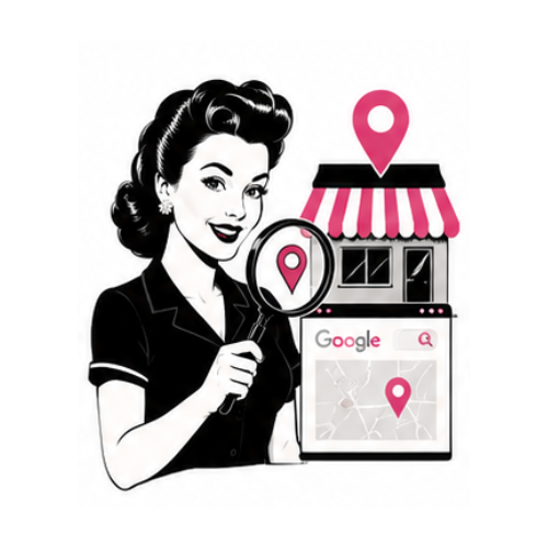 Retro illustration representing local SEO services by Queen Bee Media, helping businesses improve visibility in Google Search and Google Maps.