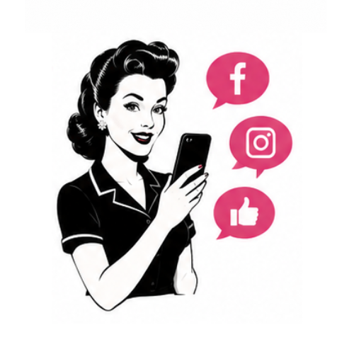 Retro illustration representing social media marketing services by Queen Bee Media, helping businesses increase engagement, build brand awareness, and connect with their audience online.