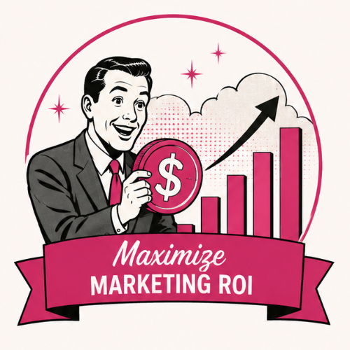 Retro-style graphic showing increased marketing return on investment and business performance.