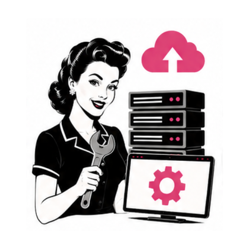 Retro illustration representing website maintenance and hosting services by Queen Bee Media, including WordPress updates, backups, security, and hosting.