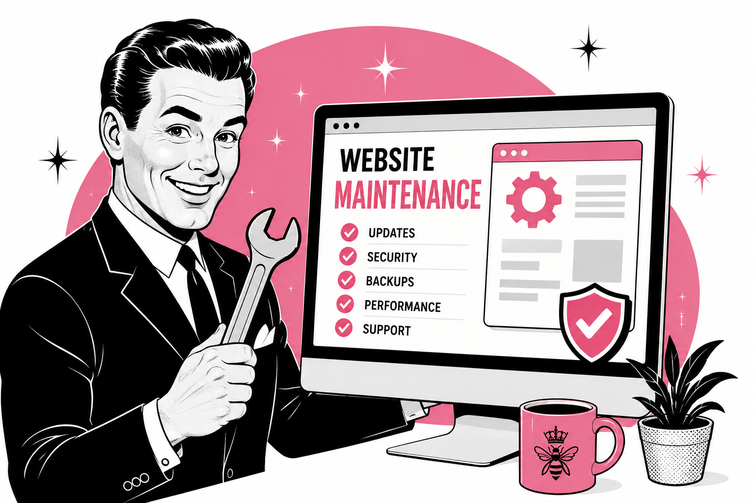Retro-style illustration showing website maintenance, security updates, backups, performance optimization, and website support services.
