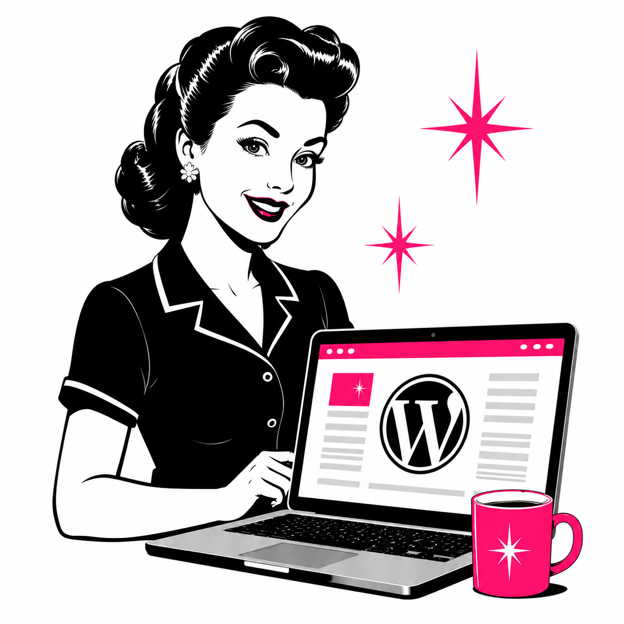 Retro illustration representing WordPress website design and development services by Queen Bee Media.
