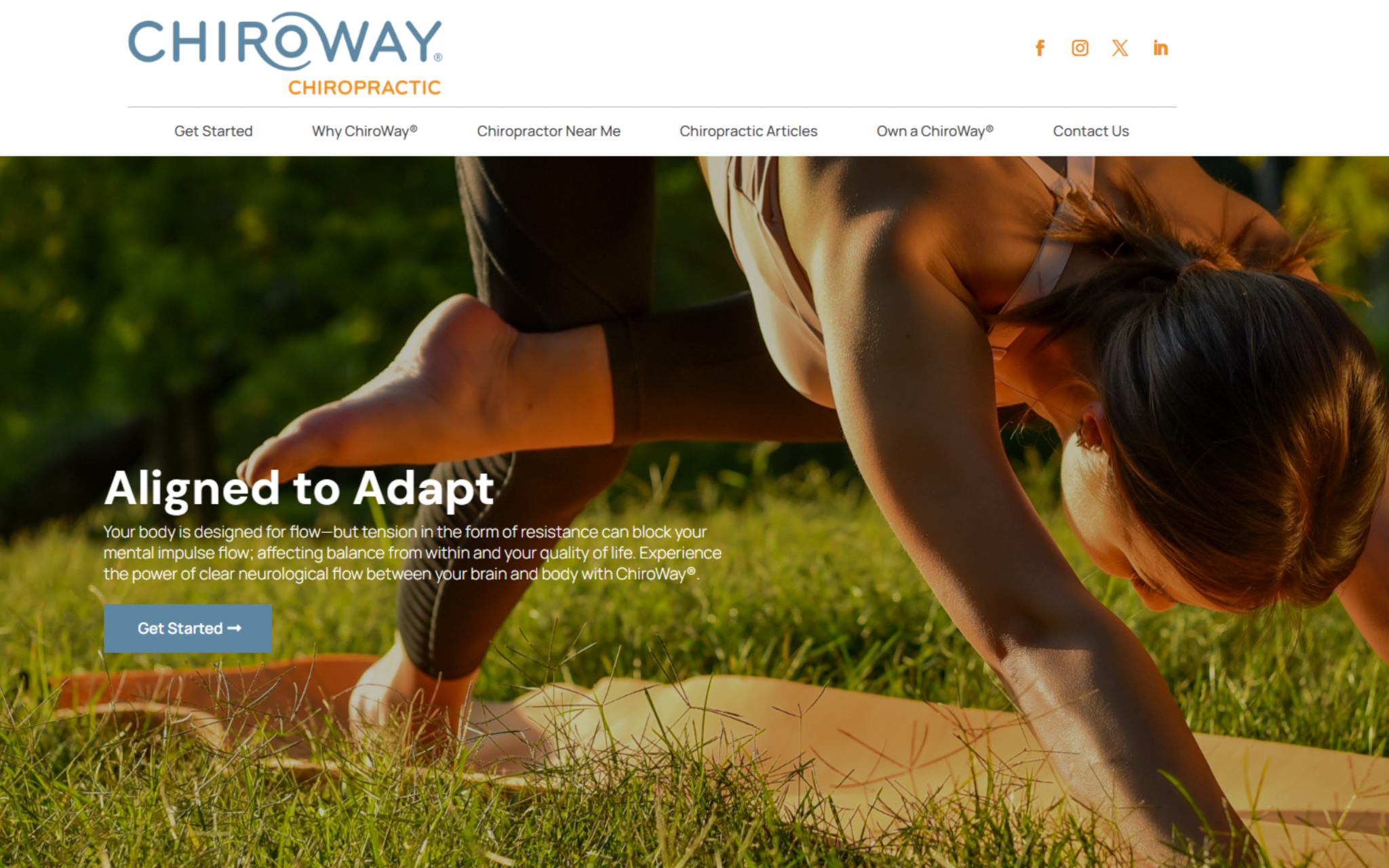 Screenshot of the ChiroWay website designed and developed by Queen Bee Media featuring chiropractic membership services and multiple clinic locations.