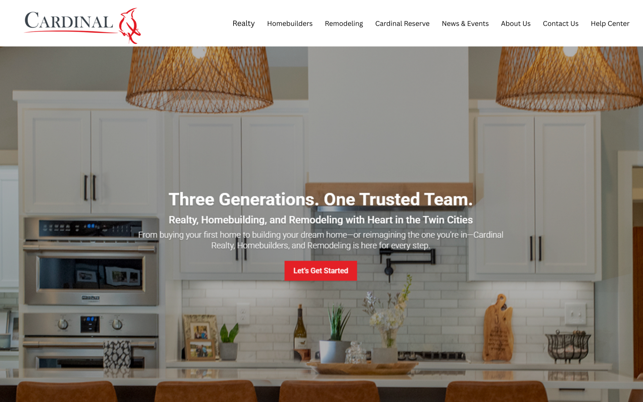 Screenshot of the Cardinal Realty website designed by Queen Bee Media featuring real estate services, homebuilding information, and lead generation tools.