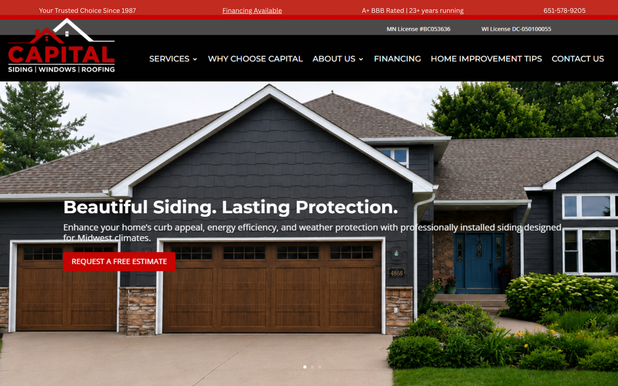 Screenshot of the Capital Siding, Windows & Roofing website designed by Queen Bee Media featuring exterior home improvement services, project galleries, and lead generation tools.